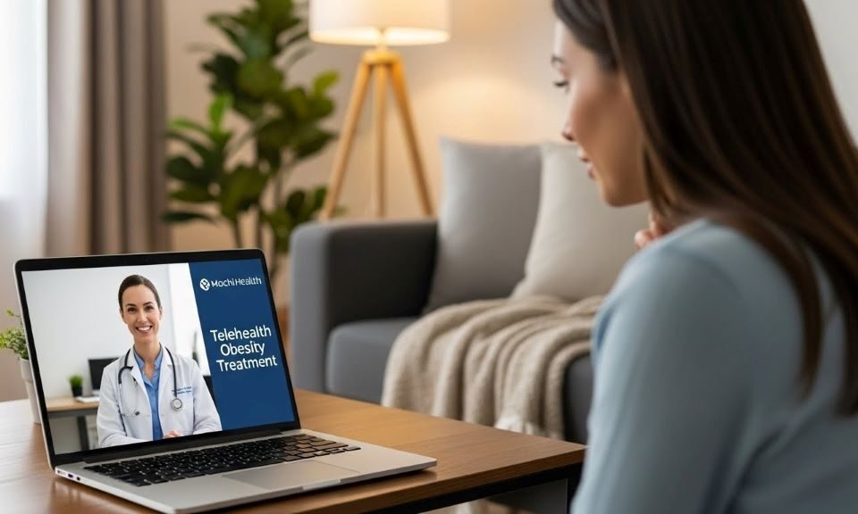 Woman having video consultation with doctor on laptop for Mochi Health telehealth obesity treatment at home