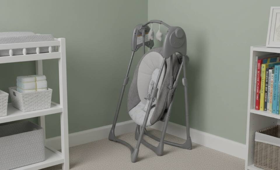 Graco Slim Spaces Reign Baby Swing folded compactly for easy storage in small nursery