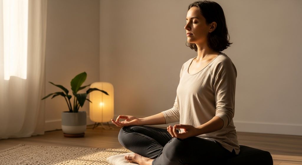 Calm individual in meditation pose demonstrating self compassion technique for nervous system regulation