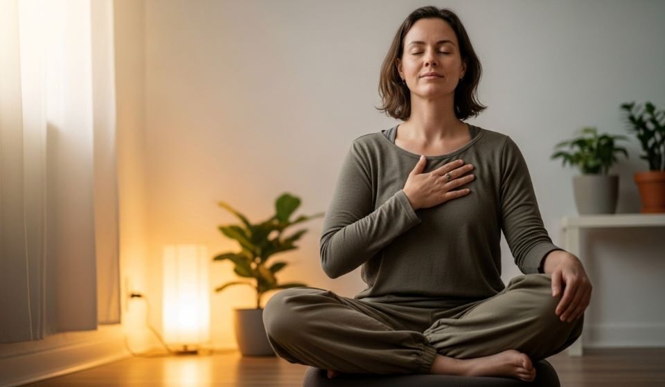 Person sitting peacefully with hand on heart practicing self compassion meditation in quiet room