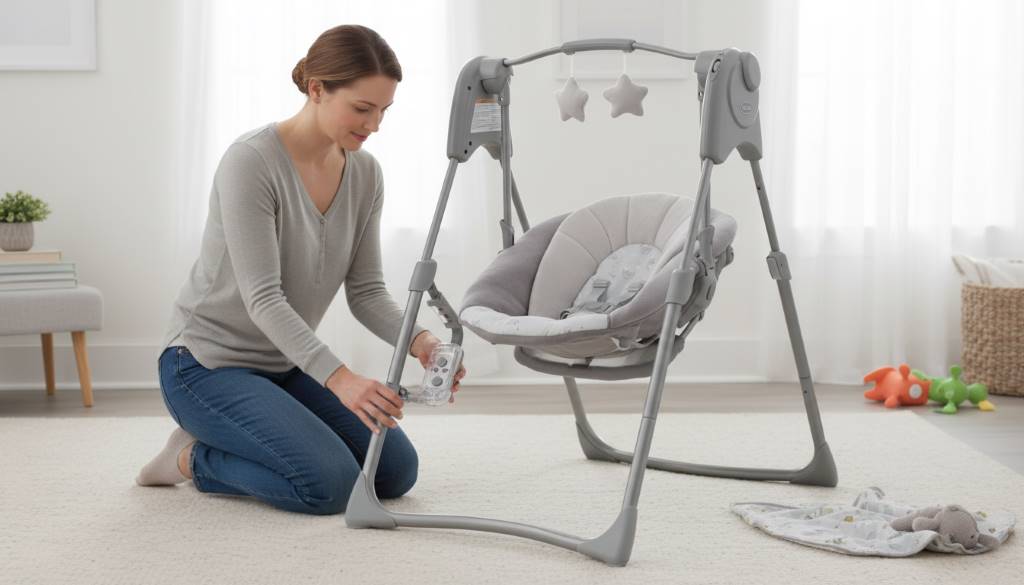Parent adjusting height legs on Graco Slim Spaces Reign Baby Swing for perfect interaction level