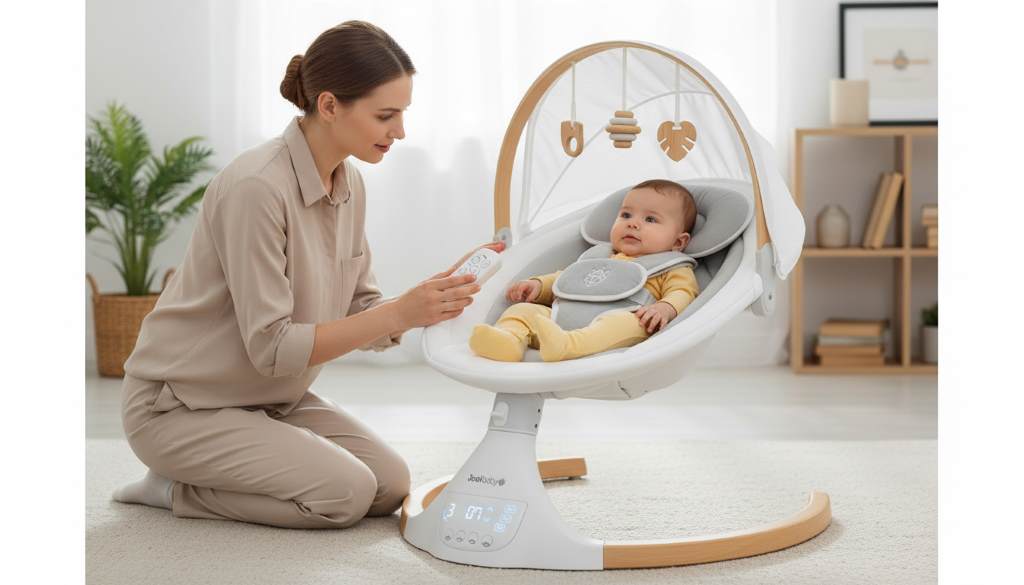 Parent adjusting remote control on portable baby swing with canopy and toys