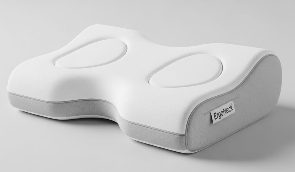 Contoured cervical support pillow with neck roll and head cradle for proper spine alignment