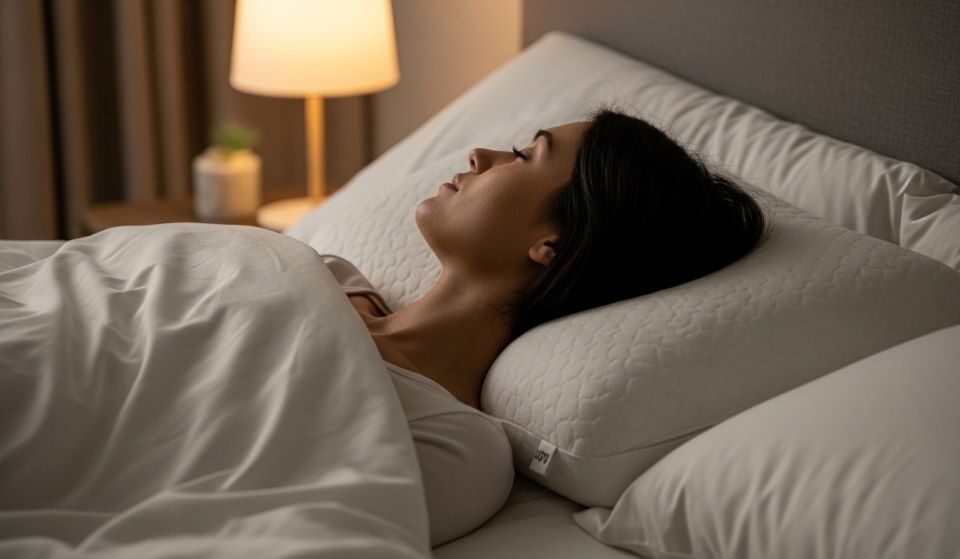 Back sleeper using medium-loft pillow with proper neck support maintaining spinal alignment