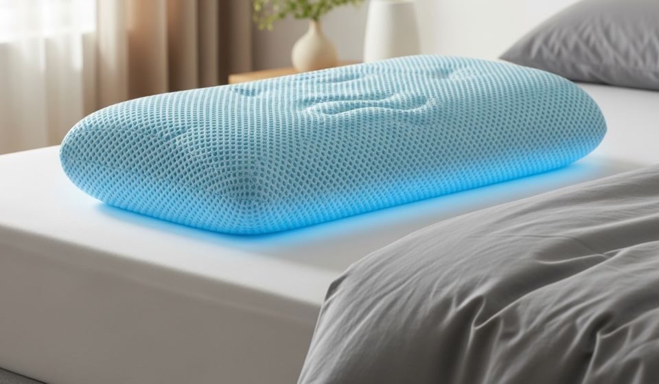 Cooling gel memory foam pillow with breathable cover on bed