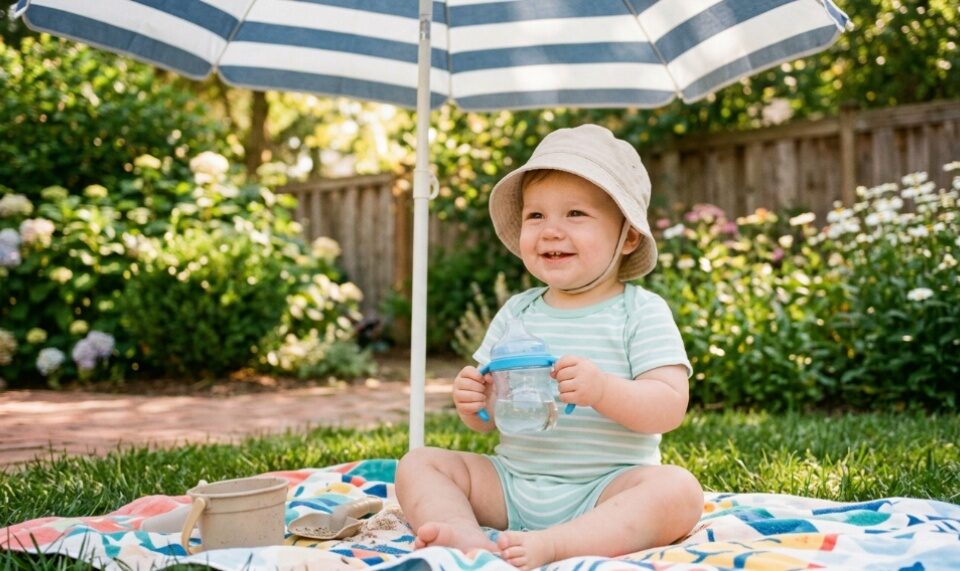 Toddler sitting in shade wearing a sun hat drinking water from a sippy cup